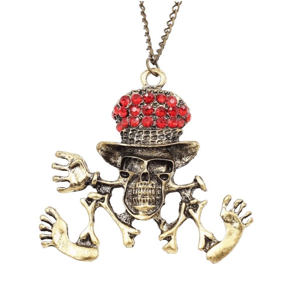 Vintage Red Crystal Pirate Skull Pendant Sweater Chain Necklace